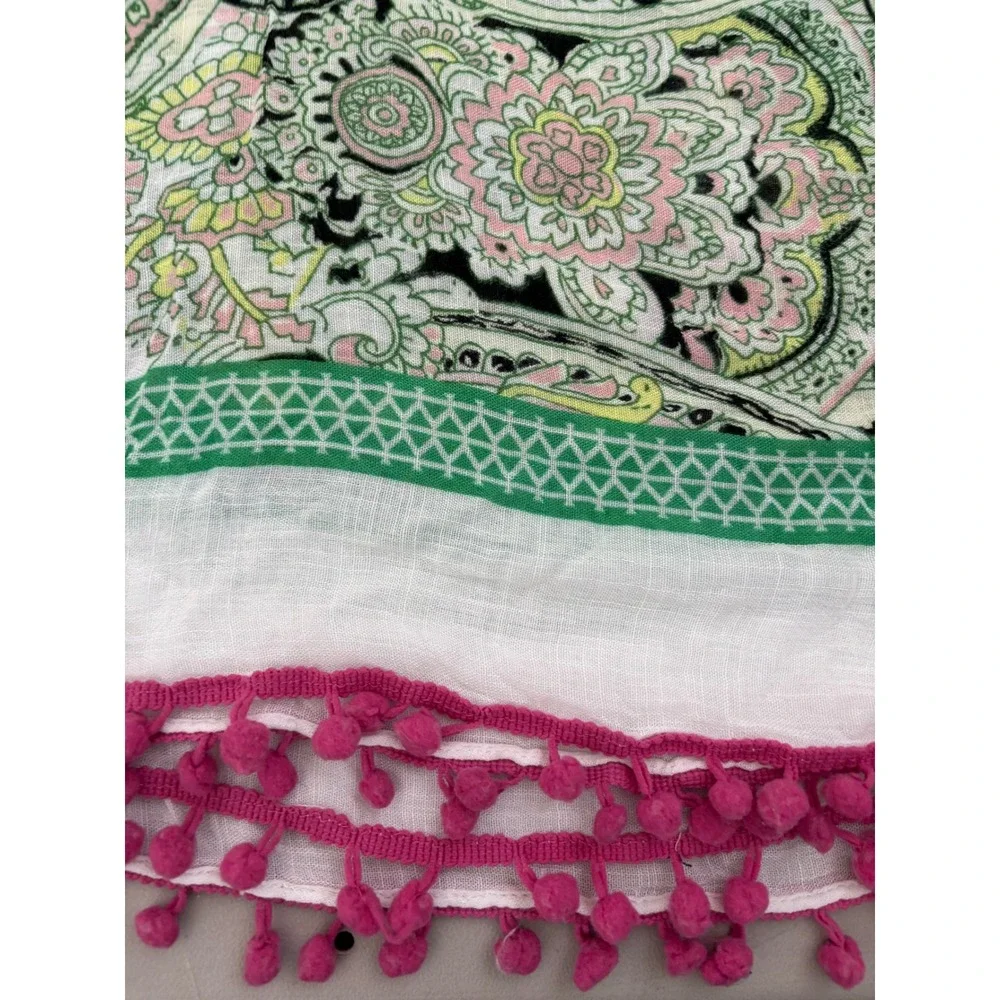 Shiraleah Chicago Paisley Palm Print Pink Green Pom Pom Trim Viscose Swim Cover